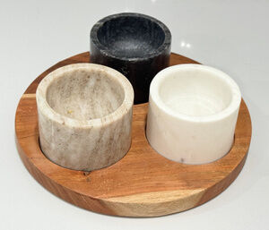 Bloomingville Danish Marble Condiment Set Acacia Wood Tray Spice Pinch Bowls